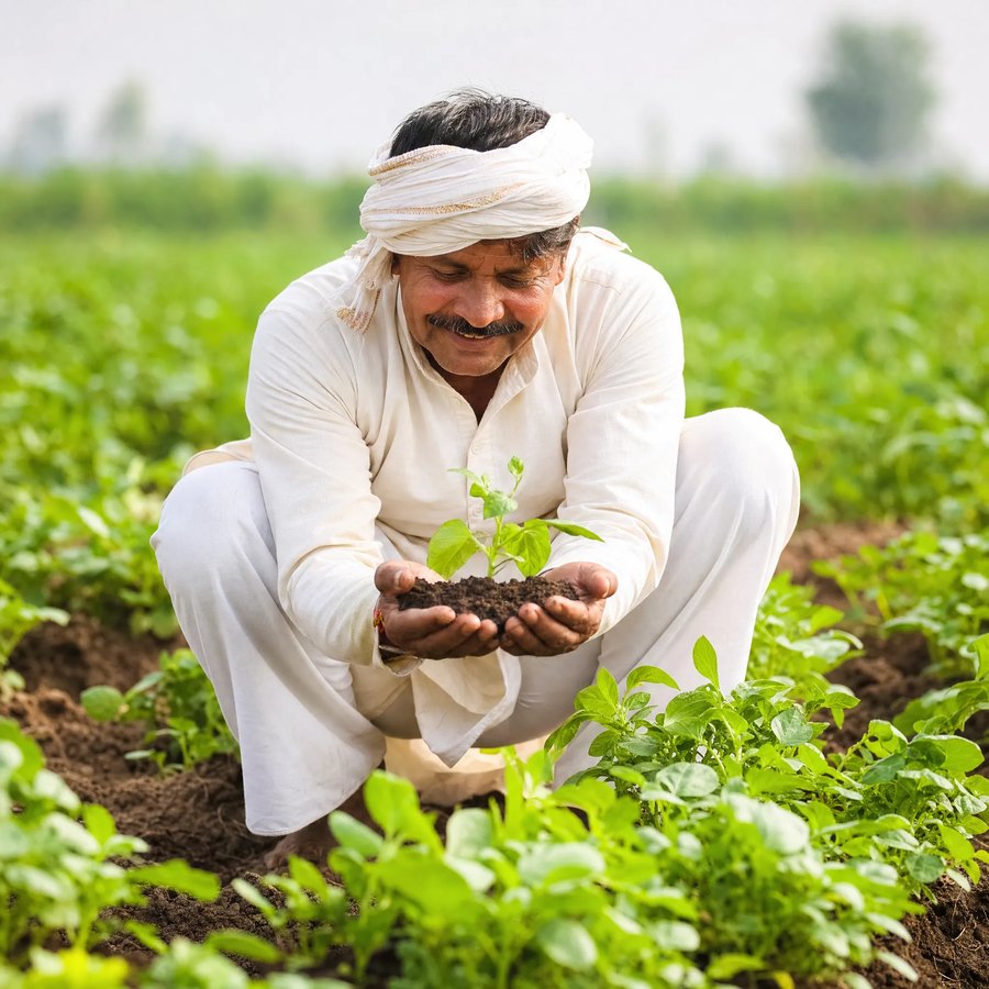 Indian farmer holding fertile soil with a young sprout