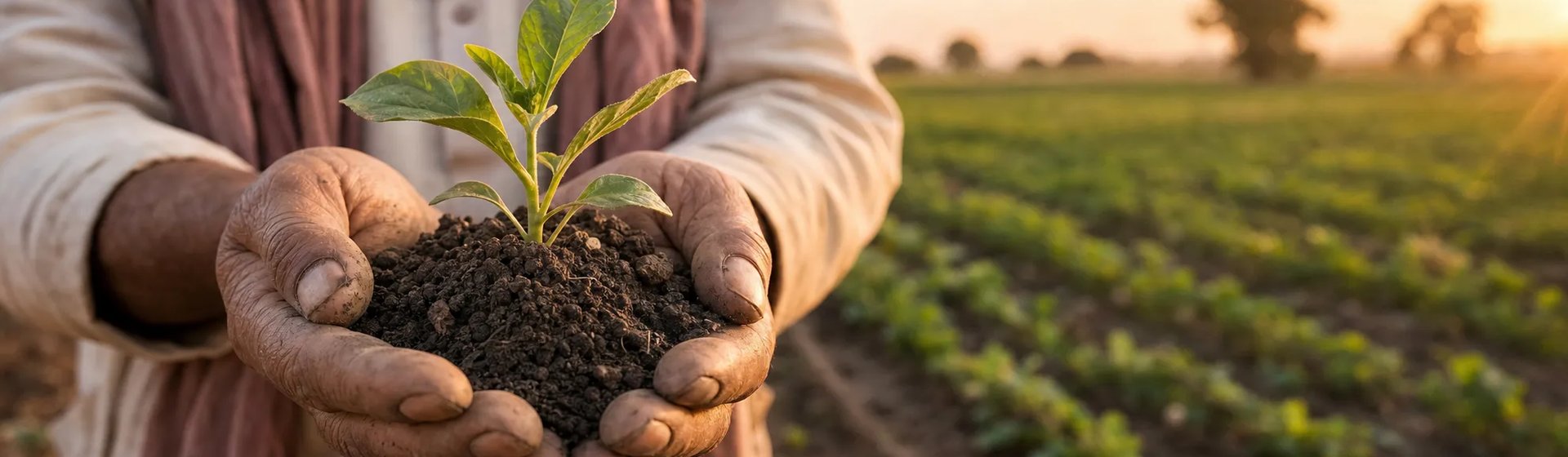 About MSAF Organics — hands holding fertile soil with a sprout